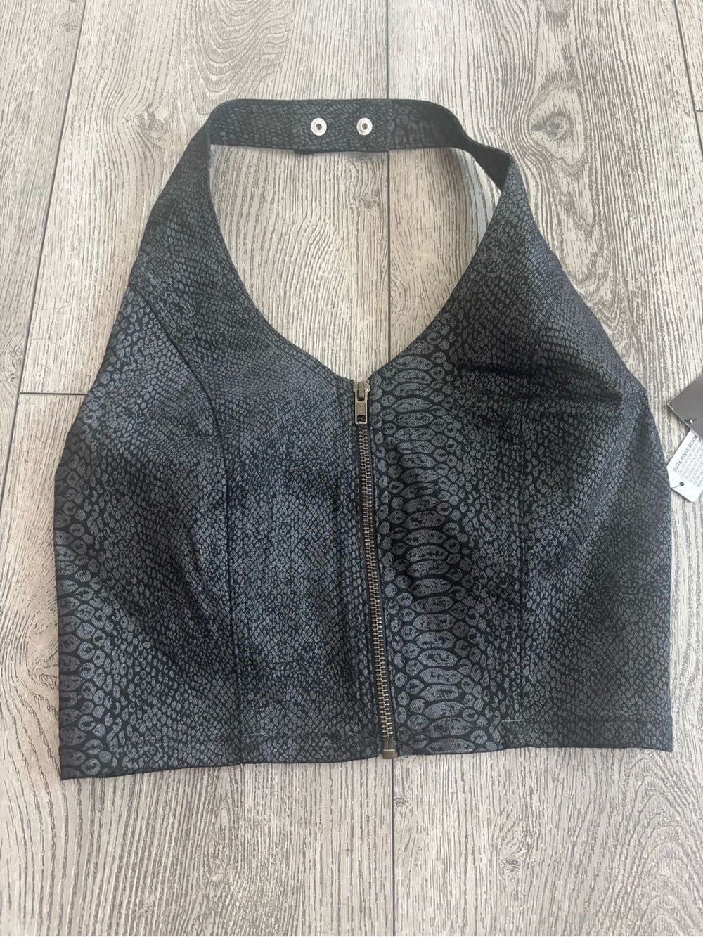 Bold elements Faux Snakeskin Black Halter Zip-Front Crop Top